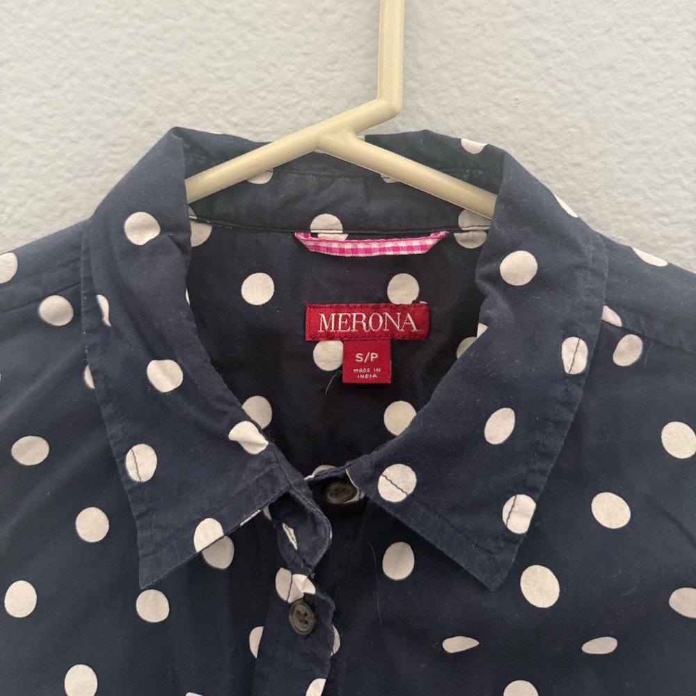 Merona Dark Blue Blouse with White Dots - Picture 2 of 3